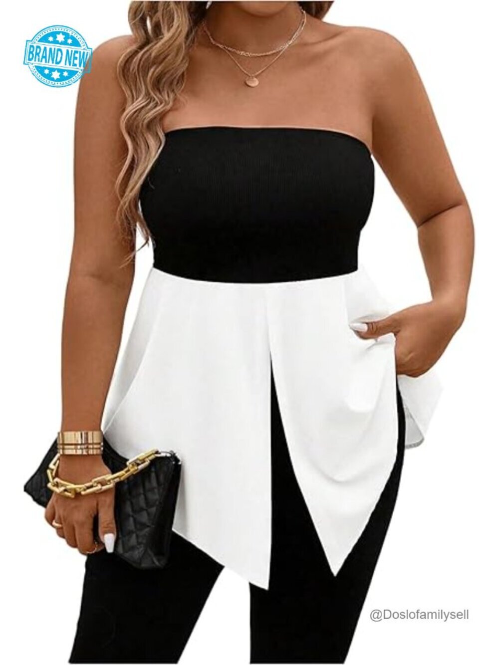 Plus Size Strapless Tube Tops Color Block Split Hem Tank Tops